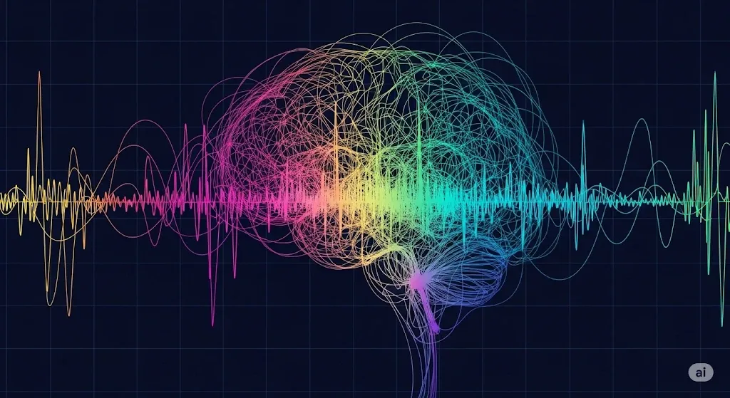 An abstract visualization of brainwave patterns and neural networks.