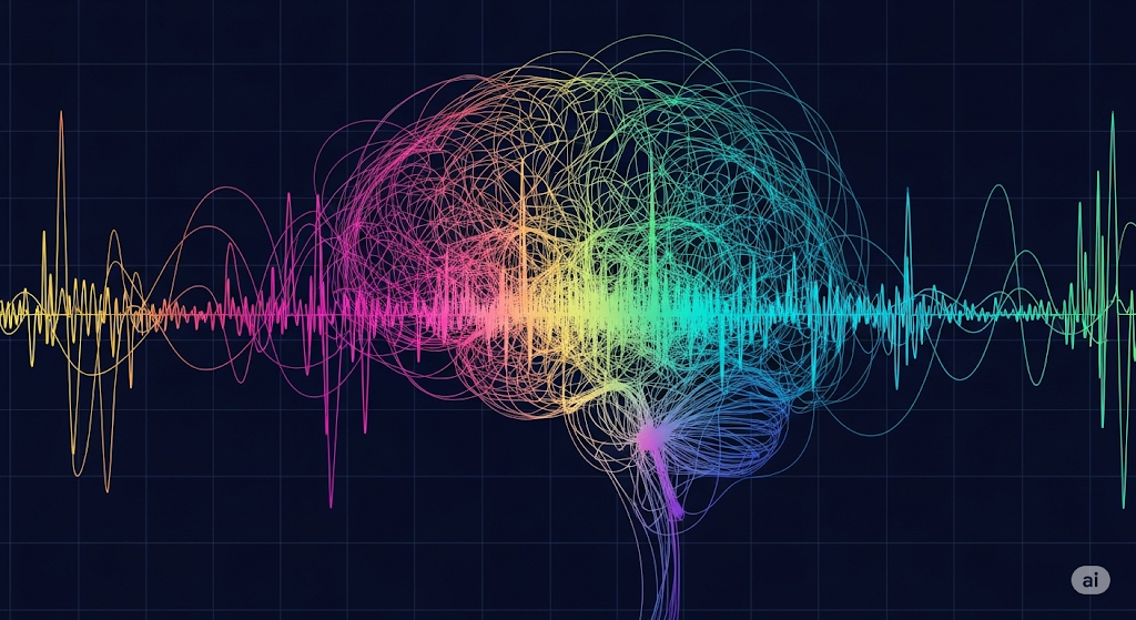 An abstract visualization of brainwave patterns and neural networks.
